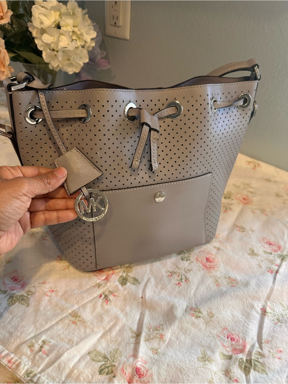Michael Kors Taupe Perforated Drawstring Bucket Bag